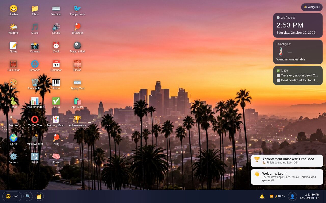 The Leon OS desktop with app icons, widgets and an LA sunset wallpaper